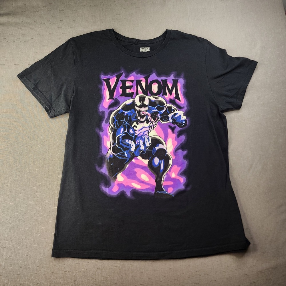 Marvel Venom Graphic T Shirt Mens Large Black Purple Flame Halloween Comic Tee